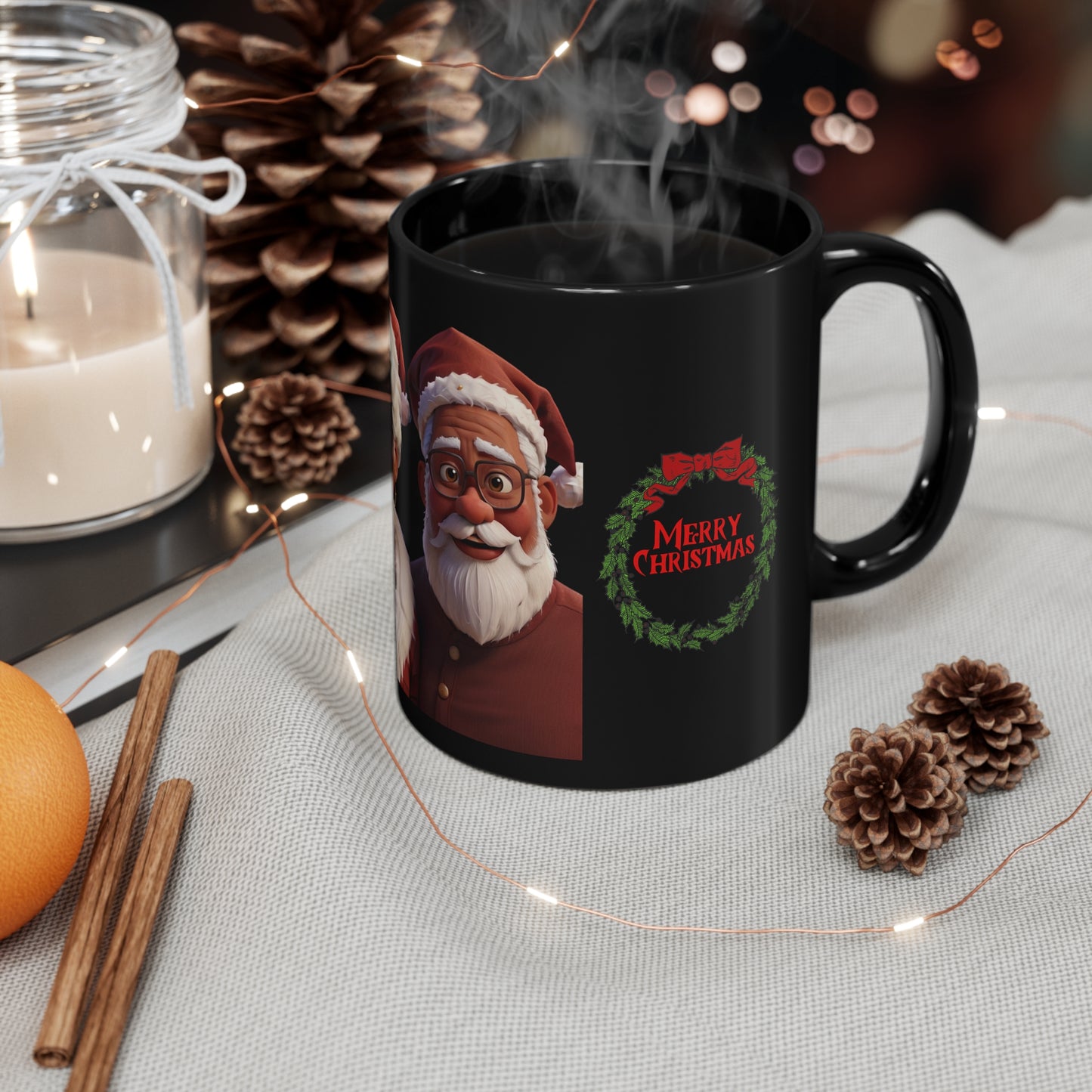 Santa & Mrs. Claus Holiday Cheer Black Mug - Cultural Christmas 11oz