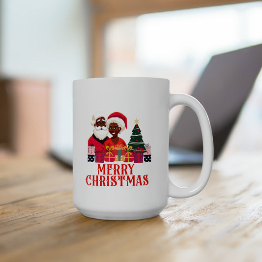 Christmas Morning Black Santa and Mrs. Claus Christmas Mug - Cultural Celebration 15oz Ceramic